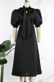 Patchwork sólido casual negro con cuello de cinta de lazo una línea de vestidos