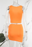 Tangerine Red Sexy Casual Street Party Solid Cross Straps U Neck Sleeveless Two Pieces
