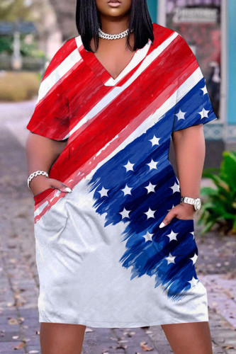 Red White Casual Flag Stars Print V Neck Short Sleeve African Loose Straight Midi Dress