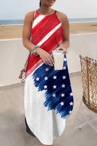 Red Blue Casual Flag Stars Print Floor Length Sleeveless Loose Cami Maxi Dress
