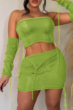 Green Yellow Sexy Casual Solid Ripped Hollowed Out Backless Strapless Two Pieces Crop Tops And Skirt Sets(With Sleeves)