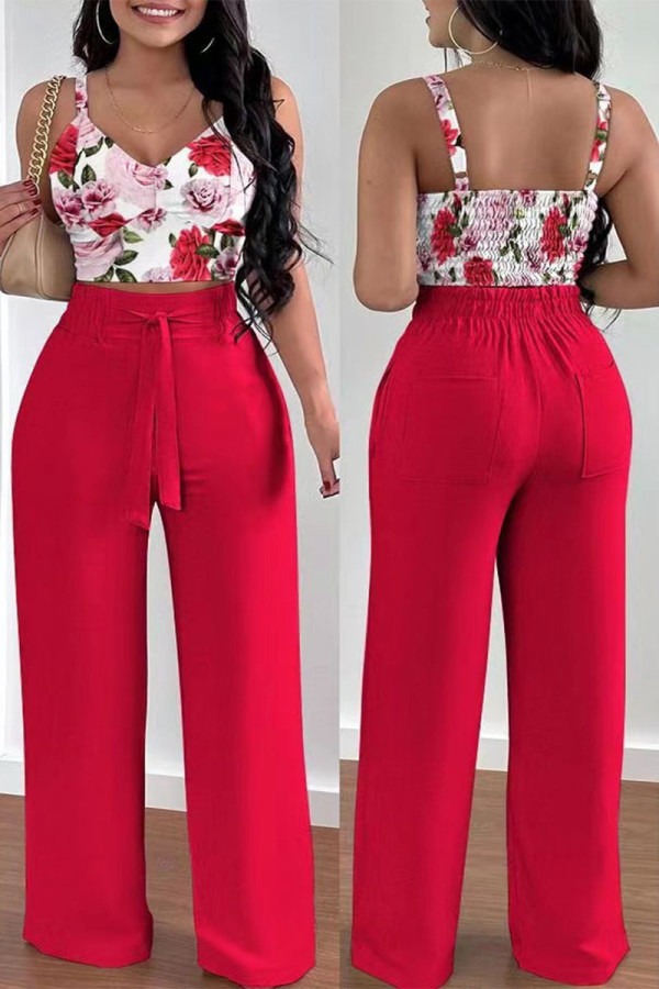 Red Elegant Print Solid Patchwork Pocket Frenulum Fold Spaghetti Strap Sleeveless Two Pieces Cami Crop Tops And Pants Sets