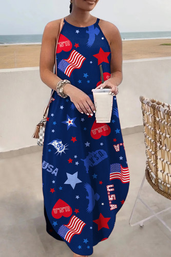 Dark Blue Casual Flag Stars Print Floor Length Sleeveless Loose Cami Maxi Dress