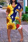 Black Yellow Casual Flag Stars Print V Neck Short Sleeve African Loose Straight Midi Dress