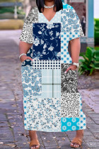 Ljusblå Casual Print Basic V-ringad kortärmad klänning