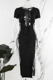 Vestidos de festa de rua sexy pretos vazados com design de alça alta decote em O e saia única