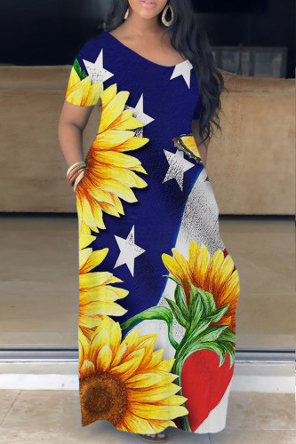 Dark Blue Casual Print Basic V Neck Short Sleeve Dress Dresses