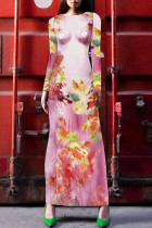 ピンクのエレガントなプリント パッチワーク O ネック ワン ステップ スカート ドレス