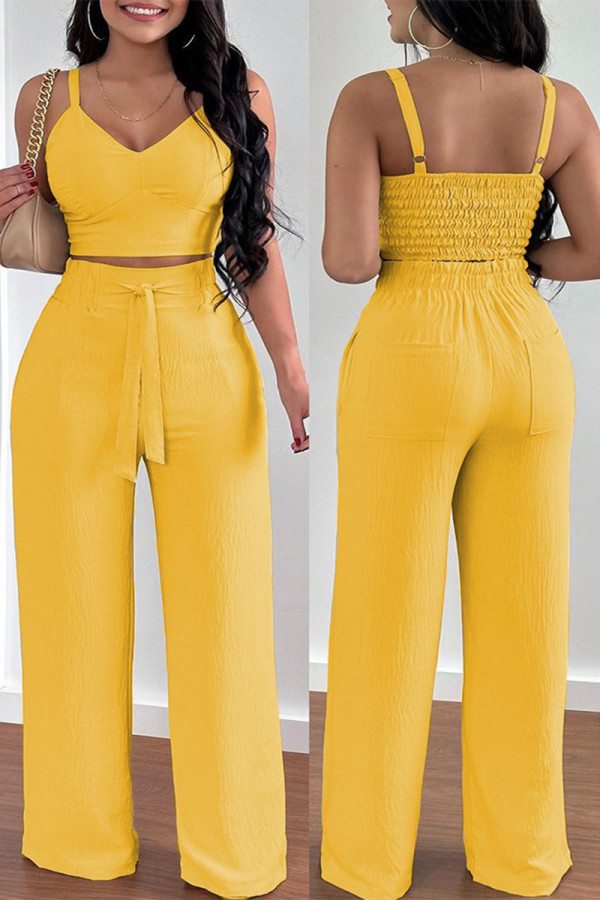 Yellow Elegant Print Solid Patchwork Pocket Frenulum Fold Spaghetti Strap Sleeveless Two Pieces Cami Crop Tops And Pants Sets