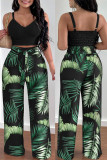 Green Elegant Print Solid Patchwork Pocket Frenulum Fold Spaghetti Strap Sleeveless Two Pieces Cami Crop Tops And Pants Sets