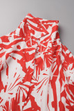 Rode Casual Print Frenulum Knopen Overhemd Kraag Shirt Jurk Jurken