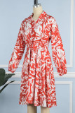 Красное повседневное платье с пуговицами и уздечками с принтом Воротник рубашки Платье Платья