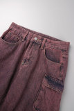 Jeans in denim regolari a vita alta patchwork tinta unita casual marroni