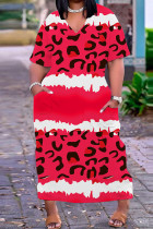 Rode casual print basic jurk met V-hals en korte mouwen