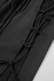 ブラック セクシー ストリート パーティー ソリッド 中空アウト高開口部ストラップ デザイン O ネック ワン ステップ スカート ドレス
