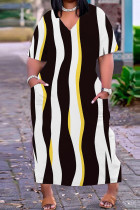 Schwarz Weiß Casual Print Basic V-Ausschnitt Kurzarm Kleid Kleider