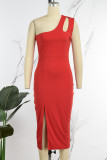 Rose Red Sexy Solid Backless Slit Oblique Collar Sleeveless Dress Dresses