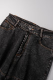 Jeans jeans skinny preto casual liso vazado Frenulum cintura alta