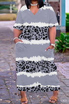 Серое повседневное платье с принтом Базовый V-образный вырез с коротким рукавом Платья Платья