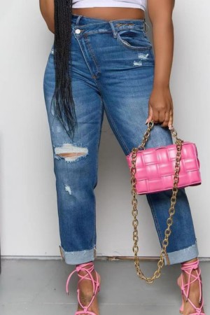 Deep Blue Casual Solid Ripped Patchwork High Waist Regular Ripped Denim Jeans