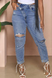 Tiefblaue, lässige, feste, zerrissene Patchwork-Jeans mit hoher Taille und regulärer Denim