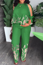 Green Casual Tropical Print Hollowed Out Frenulum O Neck Half Sleeve Two Pieces Tops And Pants Sets