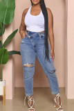 Jeans jeans azul escuro casual sólido rasgado patchwork cintura alta regular