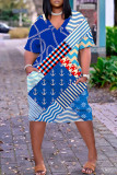 Blauwe casual print basic jurk met V-hals en korte mouwen