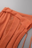 Оранжевый сексуальный повседневный однотонный рваный с открытой спиной без бретелек из двух частей (с рукавами)