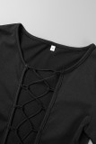 Zwarte sexy straatfeest effen uitgeholde hoge opening band ontwerp O-hals een stap rok jurken