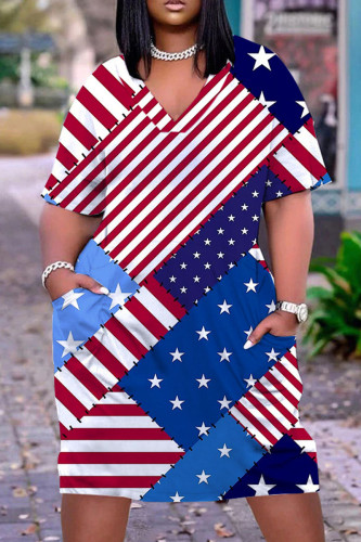 Red Blue Casual Flag Stars Print V Neck Short Sleeve African Loose Straight Midi Dress