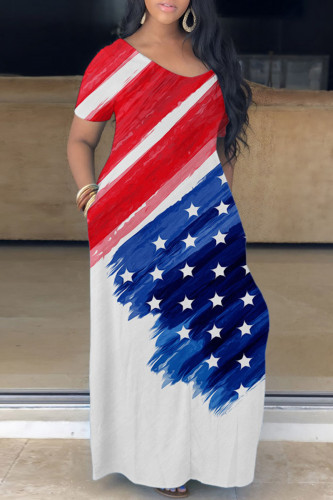 Red Blue Casual Print Basic V Neck Short Sleeve Dress Dresses