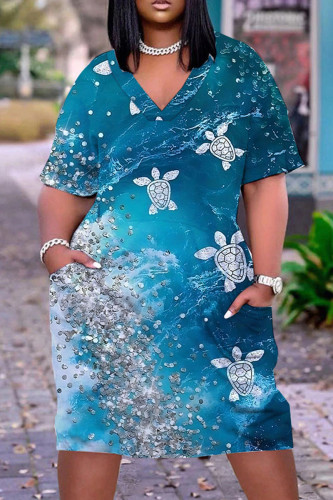 Marineblauwe casual print basic jurk met V-hals en korte mouwen