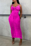 Розово-красное сексуальное однотонное длинное платье на тонких бретелях с открытой спиной