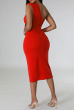 Red Sexy Solid Backless Slit Oblique Collar Sleeveless Dress Dresses
