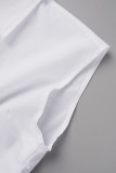 Tops de cuello de camisa de frenillo de patchwork sólido casual blanco