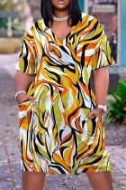 Olijfgroene casual print basic jurk met V-hals en korte mouwen