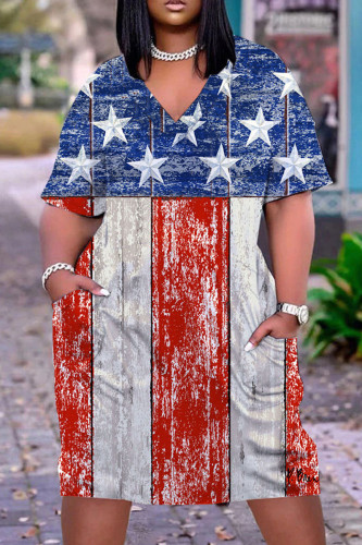 Blue Red Casual Flag Stars Print V Neck Short Sleeve African Loose Straight Midi Dress