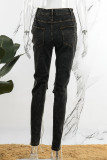 Jeans jeans skinny preto casual liso vazado Frenulum cintura alta