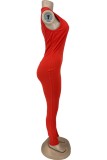 Roter, lässiger, einfarbiger Skinny-Jumpsuit mit O-Ausschnitt und Buchstaben