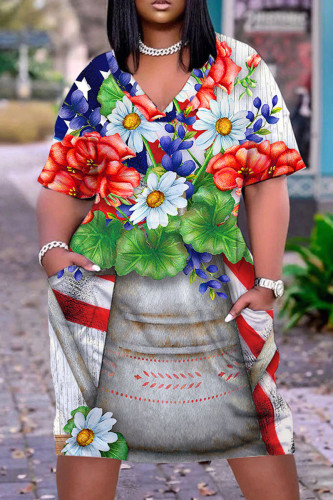 Grey Casual Flag Stars Print V Neck Short Sleeve African Loose Straight Midi Dress
