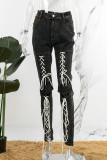 Черные повседневные однотонные джинсы скинни с высокой талией и вырезом в виде уздечки