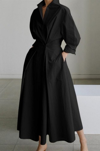 Black Casual Solid Patchwork V Neck Long Sleeve Dresses