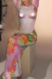 Rosa, elegant bedruckte Patchwork-Kleider mit O-Ausschnitt und einstufigem Rock
