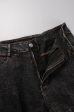 Jeans jeans skinny azul escuro casual liso vazado Frenulum cintura alta