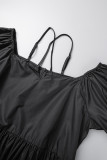 Черные повседневные рабочие элегантные однотонные карманные складные платья трапециевидной формы с лямкой на шее, большие размеры