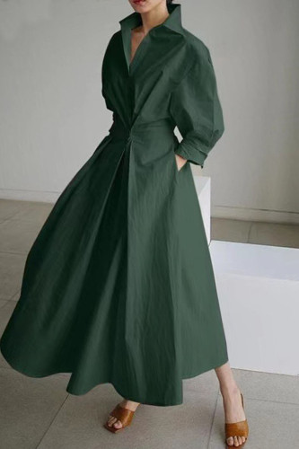 Army Green Casual Solid Patchwork V Neck Long Sleeve Dresses