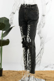 Black Casual Solid Hollowed Out Frenulum High Waist Skinny Denim Jeans