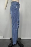 Djupblå Casual Solid Ripped Patchwork Vanliga jeans med hög midja