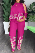 Rose Red Casual Tropical Print Hollowed Out Frenulum O Neck Half Sleeve Two Pieces Tops And Pants Sets